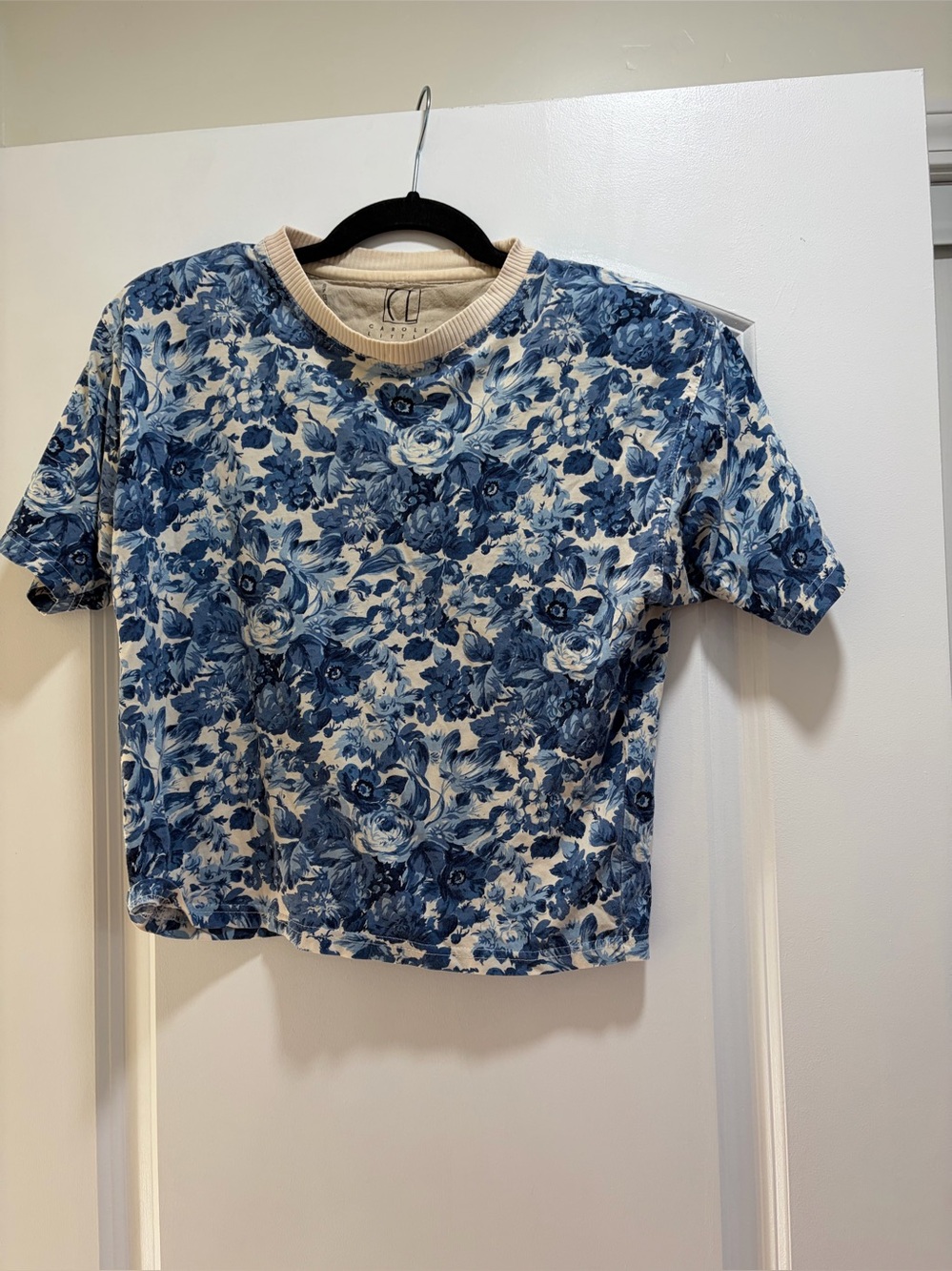 Vintage 90s Carole Little Floral Crop Top British Hong Kong Blue White S